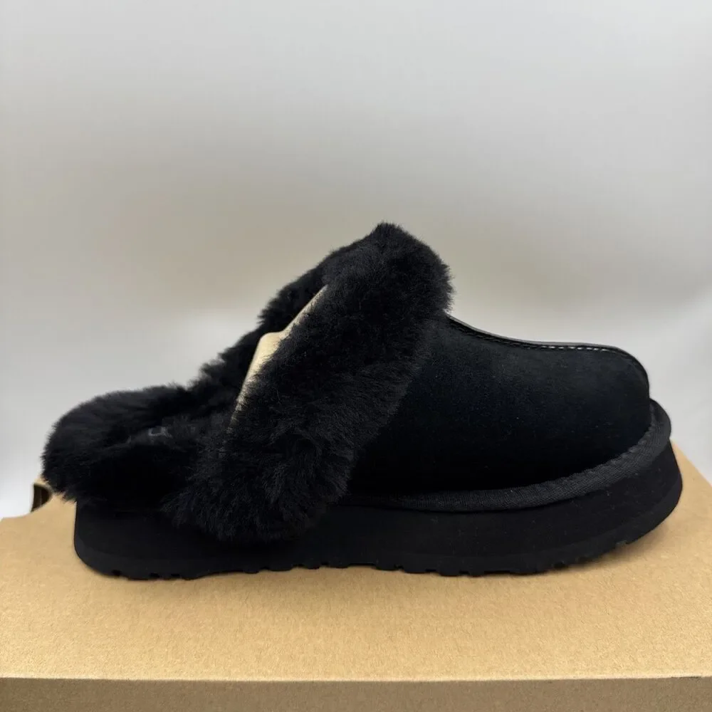 UGG Disquette Black Suede Fur Cuff Slide Platform Slipper Shoes Size 7 Women New